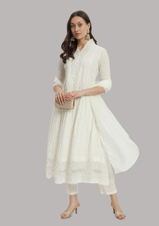 Elegant White Embroidered Women's Dress with Dupatta and Plazzo pant. - GULMIRA