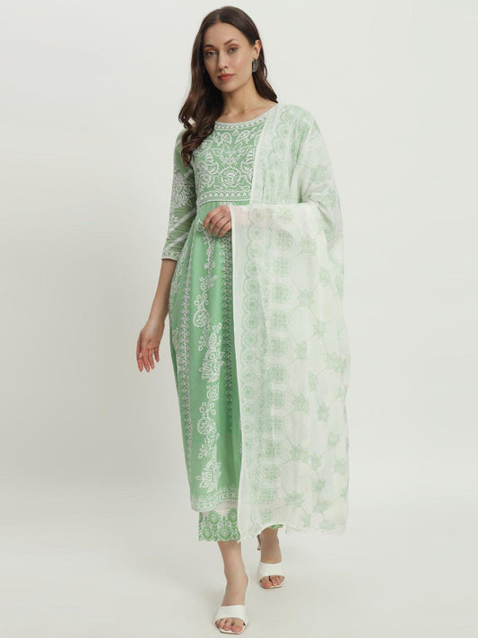 Green Embroidered cotton kurti set for Women. - GULMIRA